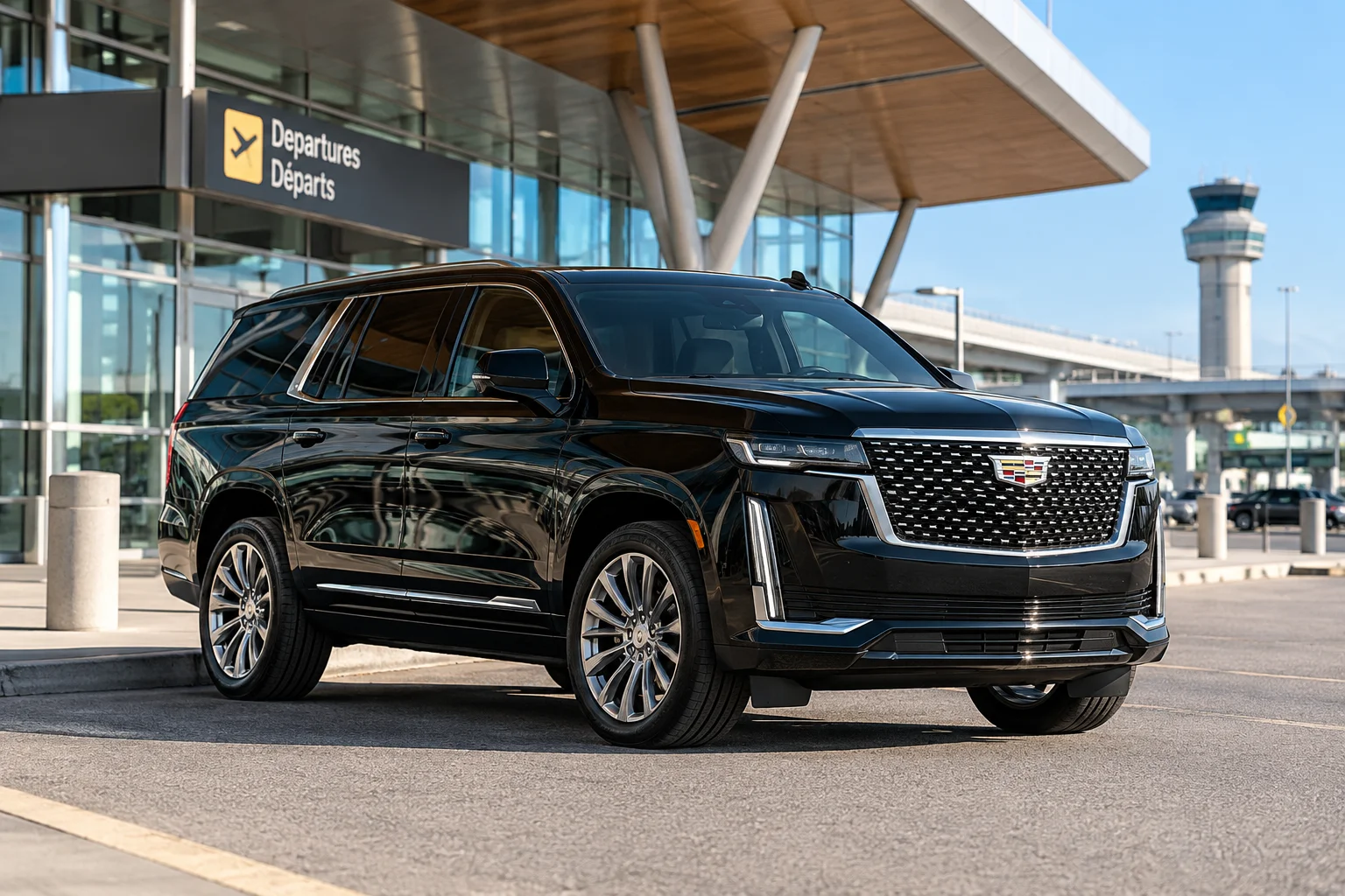 standard production black luxury SUV with four doors and two axles, normal factory wheelbase at modern Calgary International Airport passenger pickup curb, sunny morning, front three quarter wide editorial view