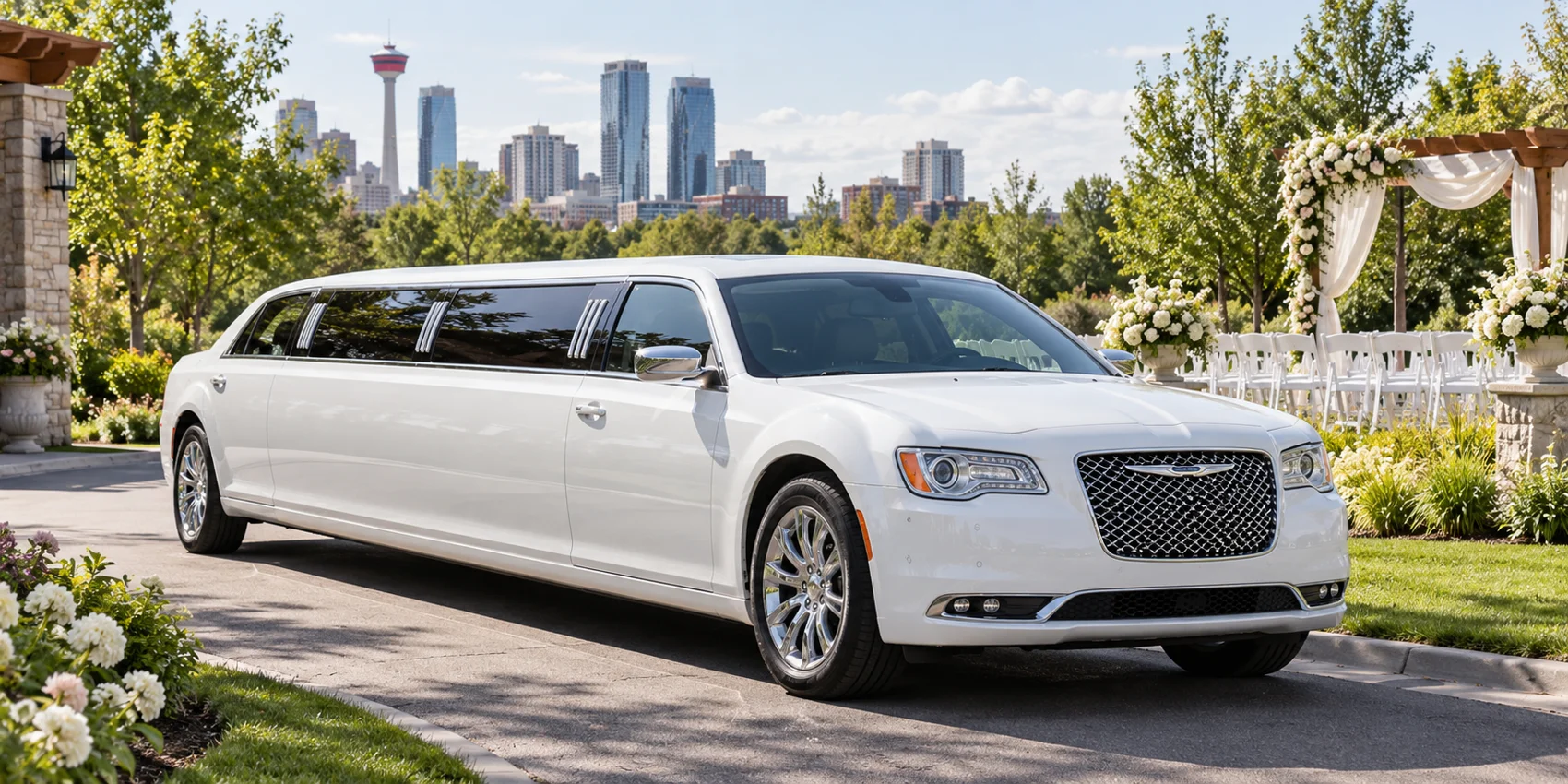 white stretch sedan limousine at Calgary garden wedding venue, sunny morning, front three quarter wide editorial view
