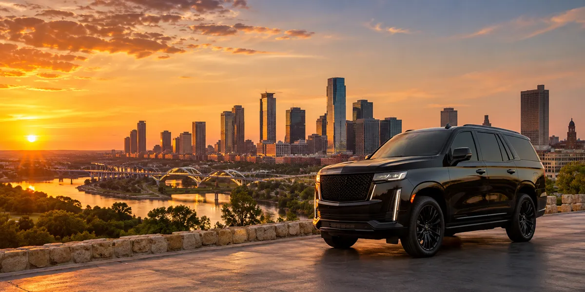 Luxury SUV with the Fort Worth skyline