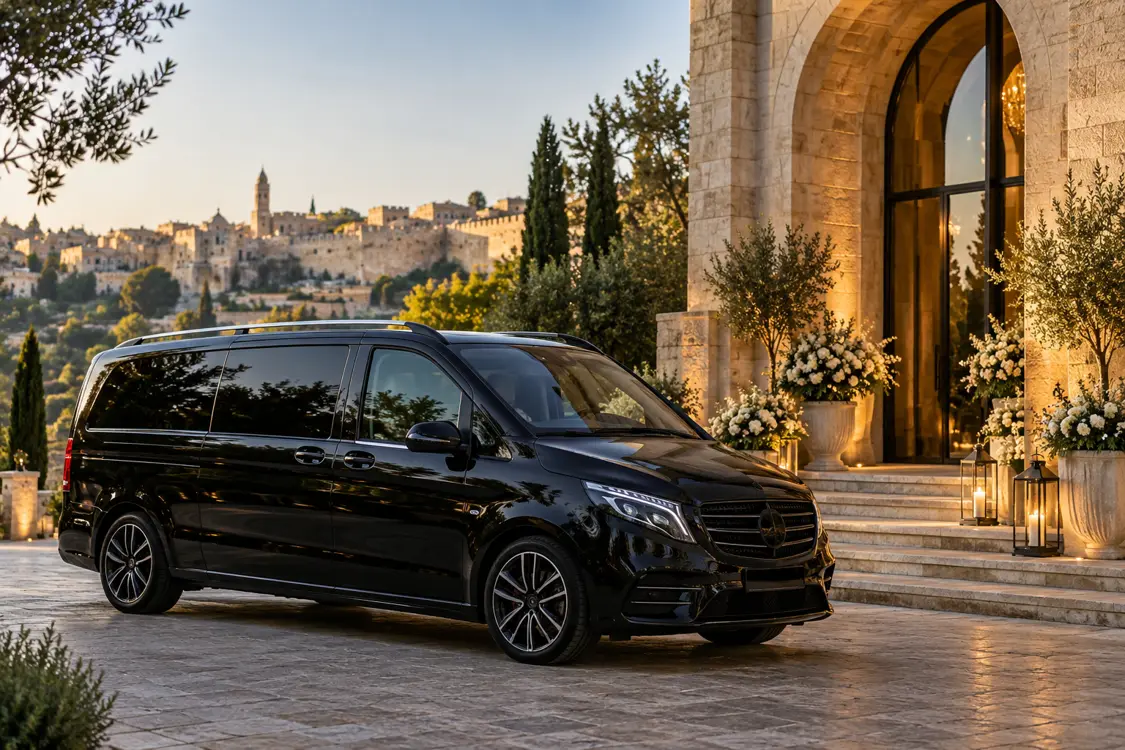 Illustrative black passenger van outside a Jerusalem limestone celebration venue, afternoon
