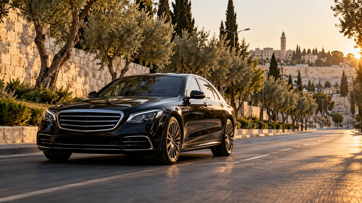 Illustrative black sedan on a tree-lined Israeli boulevard, late afternoon
