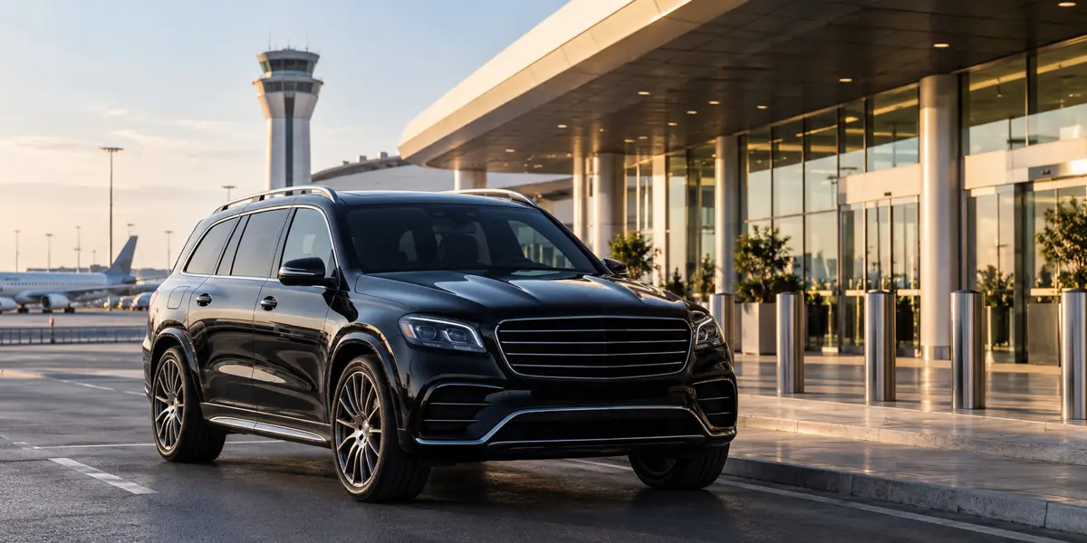 Illustrative black SUV near a modern airport departure terminal in Israel, early daylight