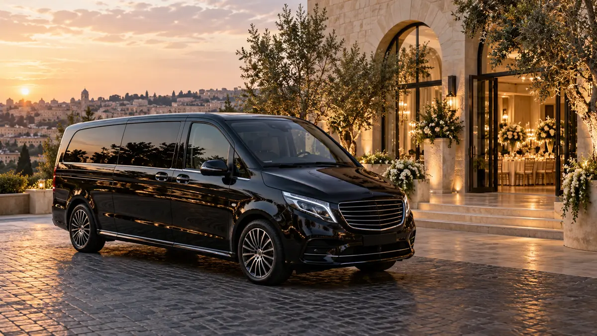 Illustrative black passenger van beside an Israeli celebration venue, elegant stone frontage