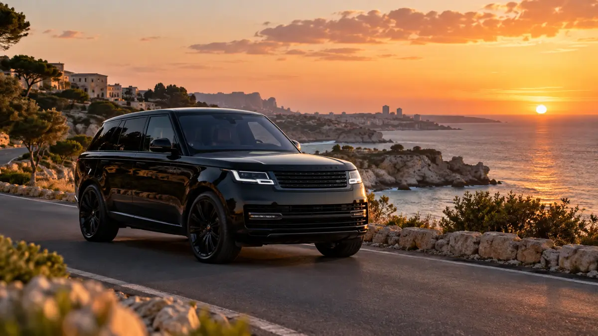 Illustrative black SUV on a quiet Israeli coastal road with Mediterranean scenery, sunset