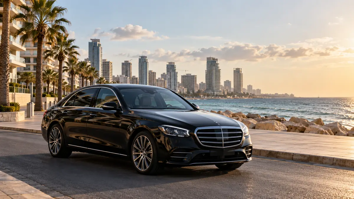 Illustrative black sedan beside Tel Aviv Mediterranean waterfront architecture, soft afternoon light