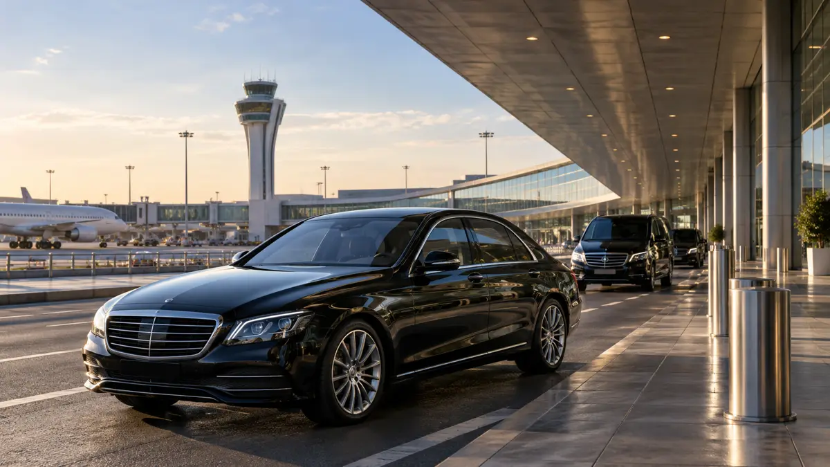 Illustrative black executive sedan at a Ben Gurion-inspired modern airport terminal pickup curb, morning light