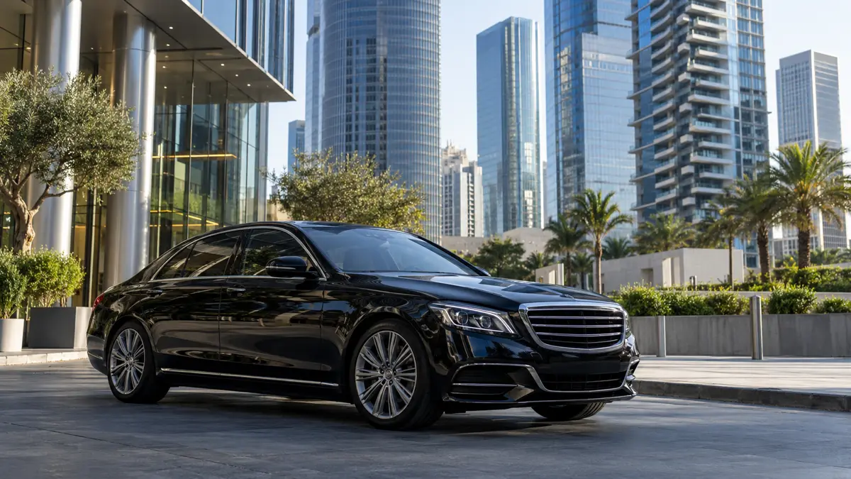 Illustrative black luxury sedan outside Tel Aviv modern office towers, daylight