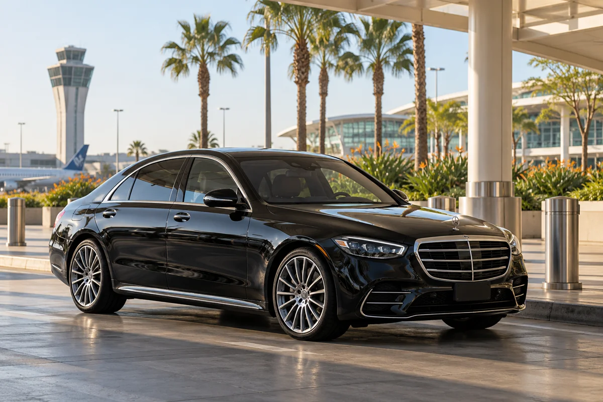 Black executive sedan at an Orange County airport pickup area