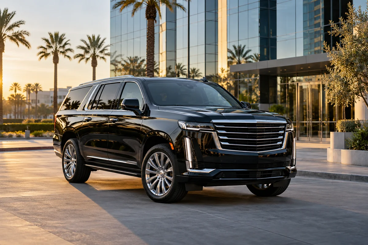 black executive SUV outside an Irvine glass office tower, late afternoon, front three-quarter view