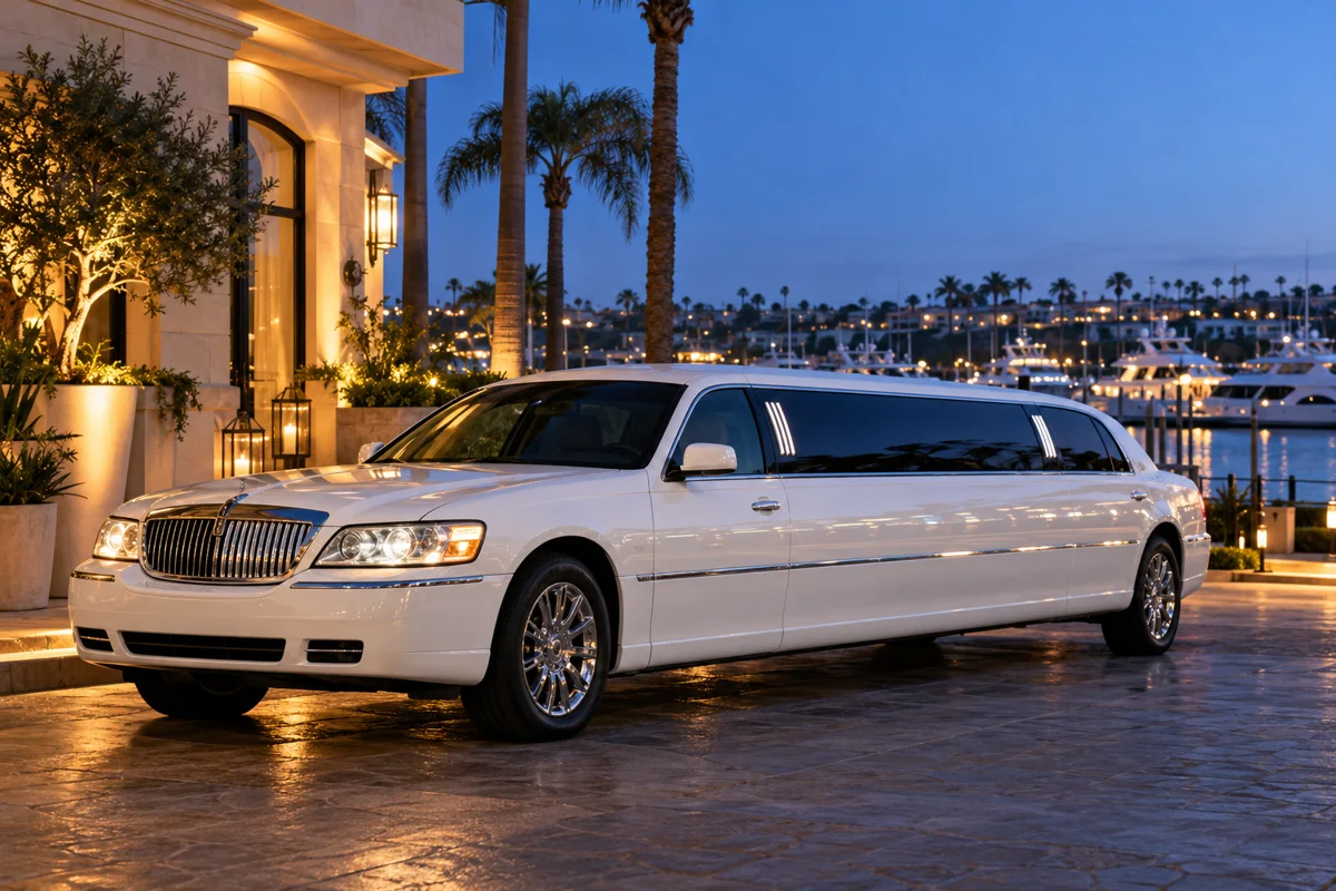 white stretch limousine outside a Newport Beach event venue at blue hour